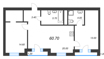 2-комнатная квартира  №7 в Aura: 62 м², этаж 2 - купить в Санкт-Петербурге