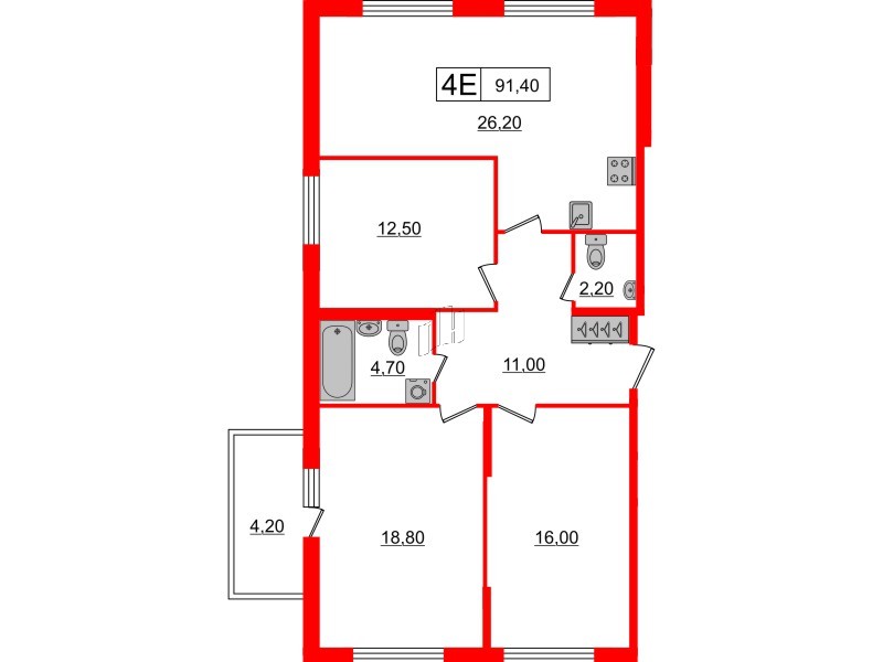 3-комнатная квартира  №546 в Притяжение: 91.4 м², этаж 2 - купить в Санкт-Петербурге