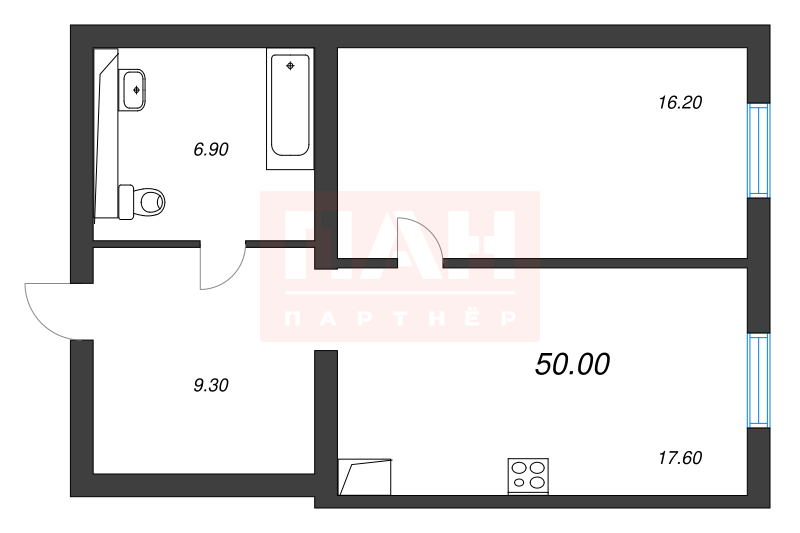 1-комнатная квартира  №60 в Aura: 49.5 м², этаж 6 - купить в Санкт-Петербурге