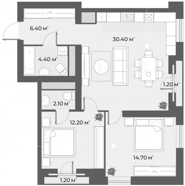 2-комнатная квартира  №56 в Aura: 74.7 м², этаж 5 - купить в Санкт-Петербурге
