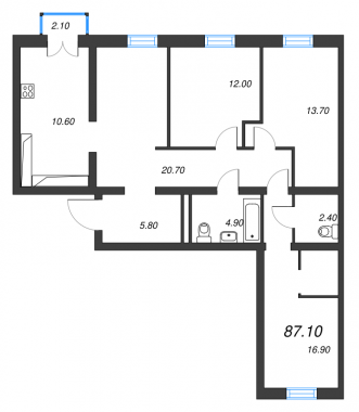4-комнатная квартира  №11 в Aura: 88.1 м², этаж 3 - купить в Санкт-Петербурге