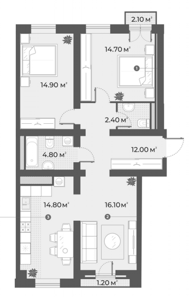 3-комнатная квартира  №58 в Aura: 80.1 м², этаж 5 - купить в Санкт-Петербурге