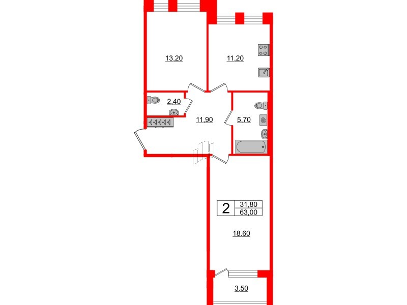 2-комнатная квартира  №158 в Svetlana Park: 63 м², этаж 2 - купить в Санкт-Петербурге