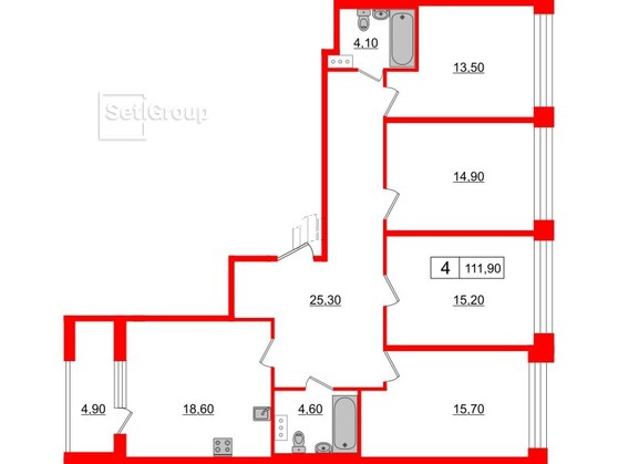 4-комнатная квартира  №130 в Svetlana Park: 111.9 м², этаж 3 - купить в Санкт-Петербурге