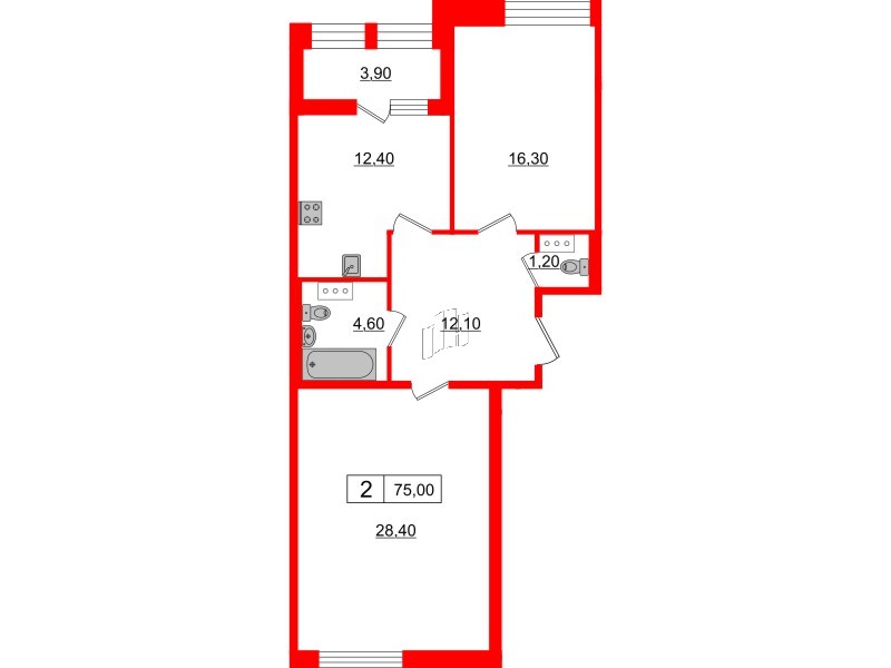 2-комнатная квартира  №932 в Svetlana Park: 75 м², этаж 9 - купить в Санкт-Петербурге