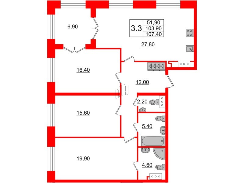 3-комнатная квартира  №86 в Grand View: 103.9 м², этаж 8 - купить в Санкт-Петербурге