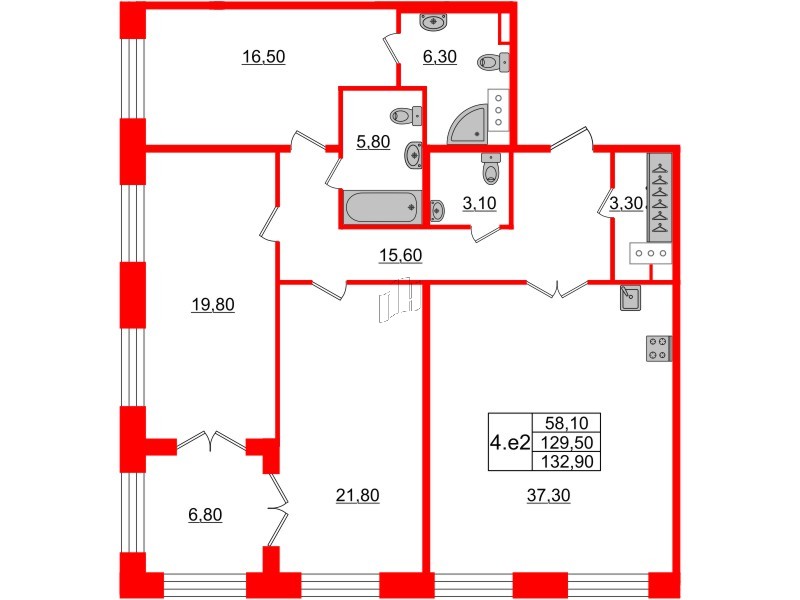 3-комнатная квартира  №137 в Grand View: 129.5 м², этаж 4 - купить в Санкт-Петербурге