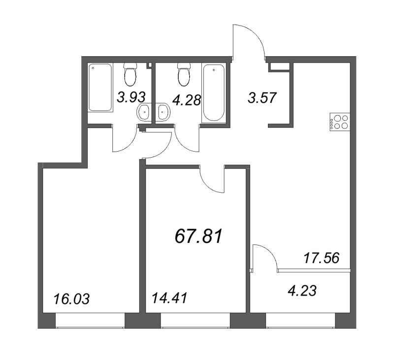 2-комнатная квартира  №600 в 17/33 Петровский остров: 67.81 м², этаж 2 - купить в Санкт-Петербурге