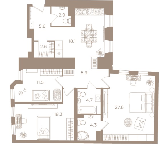 3-комнатная квартира  №19 в Северная корона Apartments: 101.5 м², этаж 3 - купить в Санкт-Петербурге