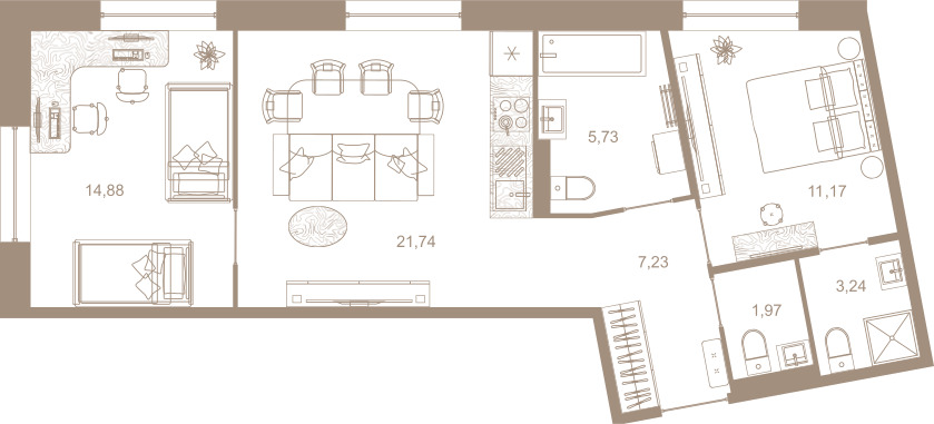 2-комнатная квартира  №330 в Северная корона Residence: 65.96 м², этаж 3 - купить в Санкт-Петербурге