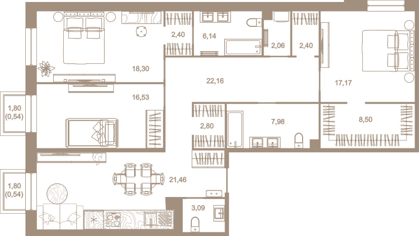 3-комнатная квартира  №225 в Северная корона Residence: 131.5 м², этаж 8 - купить в Санкт-Петербурге