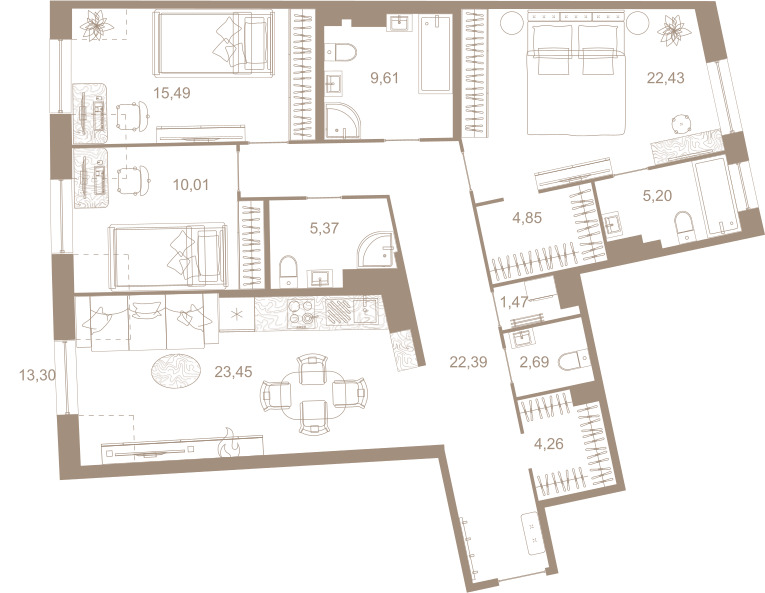 3-комнатная квартира  №165 в Северная корона Residence: 131.5 м², этаж 7 - купить в Санкт-Петербурге