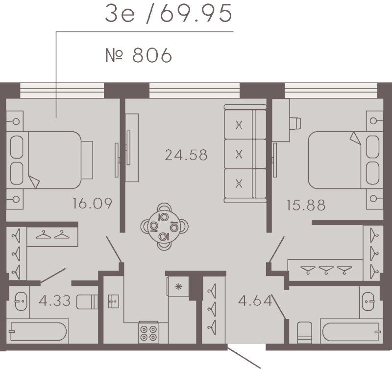 2-комнатная квартира  №806 в 17/33 Петровский остров: 68.05 м², этаж 3 - купить в Санкт-Петербурге