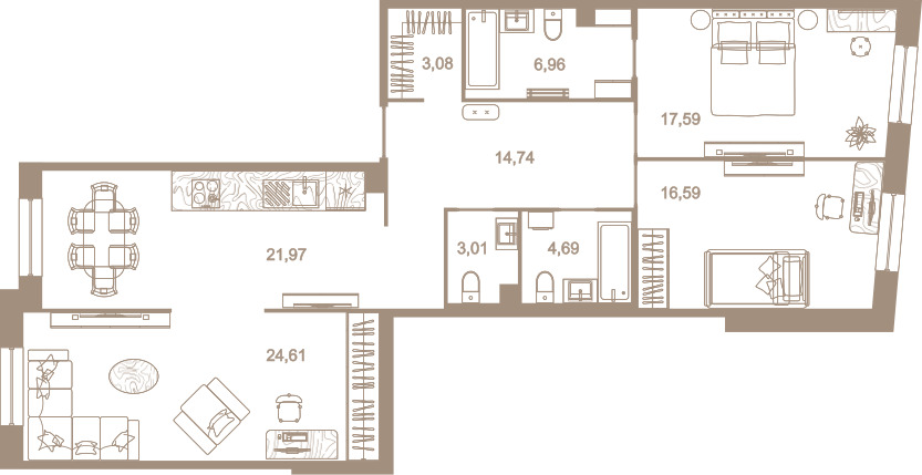 3-комнатная квартира  №242 в Северная корона Residence: 113.3 м², этаж 2 - купить в Санкт-Петербурге