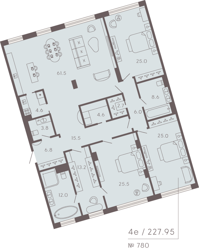 3-комнатная квартира  №780 в 17/33 Петровский остров: 231.57 м², этаж 3 - купить в Санкт-Петербурге