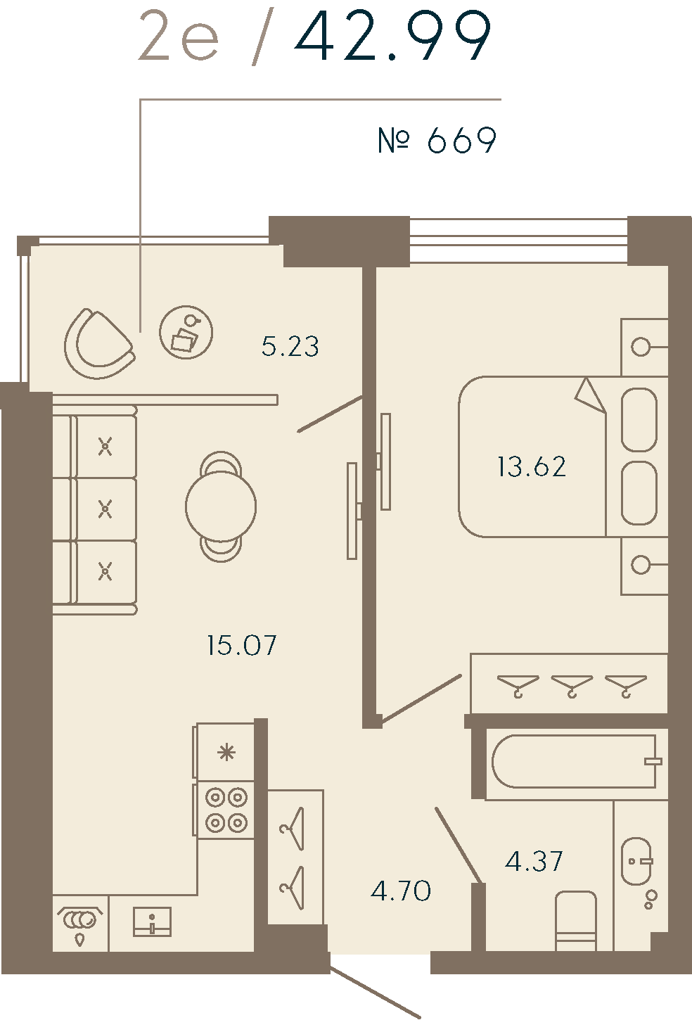 1-комнатная квартира  №669 в 17/33 Петровский остров: 43.96 м², этаж 6 - купить в Санкт-Петербурге