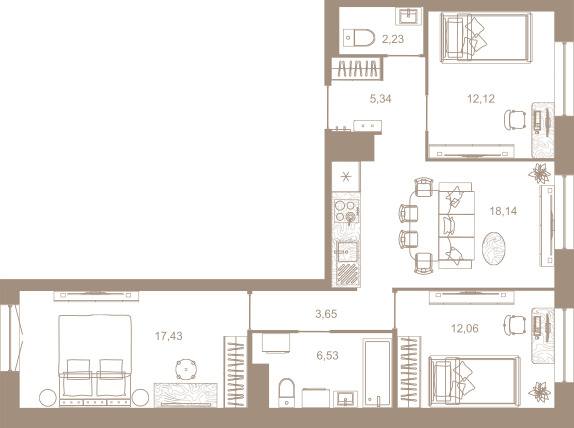 3-комнатная квартира  №350 в Северная корона Residence: 77.2 м², этаж 7 - купить в Санкт-Петербурге