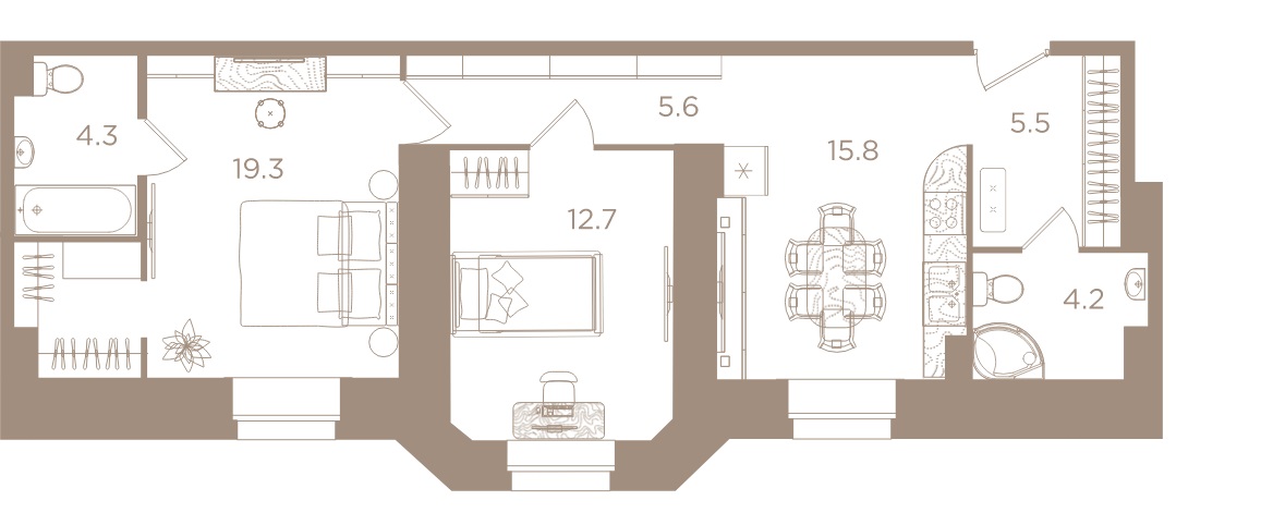 2-комнатная квартира №31к2 в: СЕВЕРНАЯ КОРОНА APARTMENTS: 67.4 м²; этаж: 4 - купить в Санкт-Петербурге