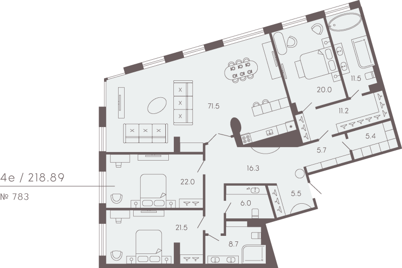 3-комнатная квартира  №783 в 17/33 Петровский остров: 218.26 м², этаж 5 - купить в Санкт-Петербурге