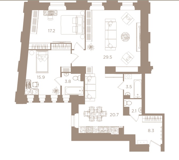 3-комнатная квартира  №15 в Северная корона Apartments: 101 м², этаж 3 - купить в Санкт-Петербурге