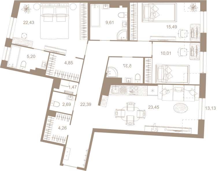 3-комнатная квартира  №101 в Северная корона Residence: 131.3 м², этаж 7 - купить в Санкт-Петербурге