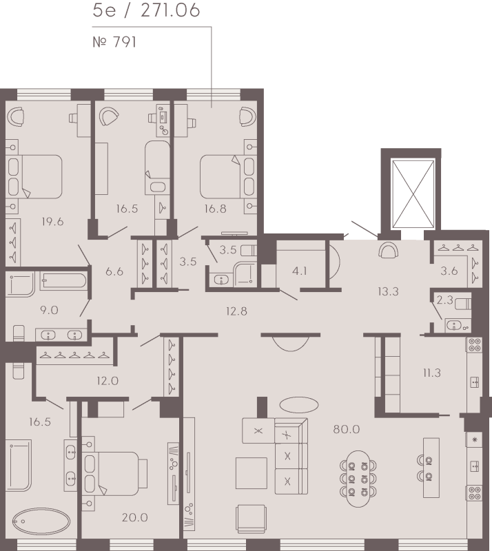 4-комнатная квартира  №791 в 17/33 Петровский остров: 243.11 м², этаж 3 - купить в Санкт-Петербурге