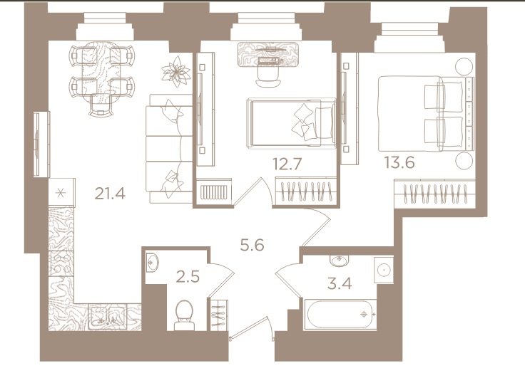 2-комнатная квартира №31к2 в: СЕВЕРНАЯ КОРОНА APARTMENTS: 59.2 м²; этаж: 3 - купить в Санкт-Петербурге