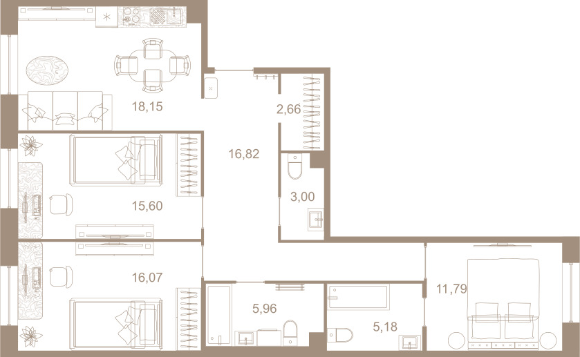 3-комнатная квартира  №52 в Северная корона Residence: 95.5 м², этаж 3 - купить в Санкт-Петербурге