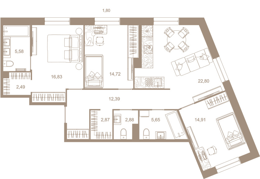 3-комнатная квартира  №198 в Северная корона Residence: 101.8 м², этаж 7 - купить в Санкт-Петербурге