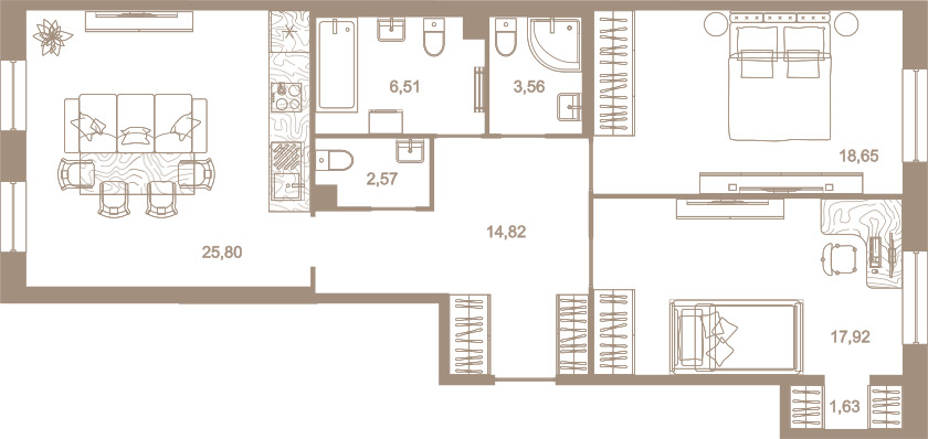 2-комнатная квартира  №106 в Северная корона Residence: 91.1 м², этаж 2 - купить в Санкт-Петербурге