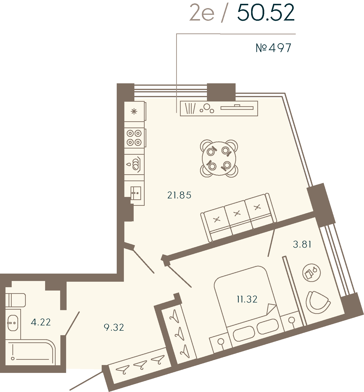 1-комнатная квартира  №497 в 17/33 Петровский остров: 52.52 м², этаж 4 - купить в Санкт-Петербурге