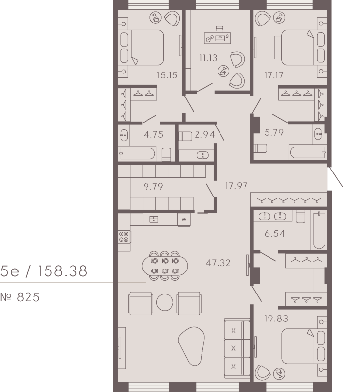 4-комнатная квартира  №825 в 17/33 Петровский остров: 156.96 м², этаж 5 - купить в Санкт-Петербурге