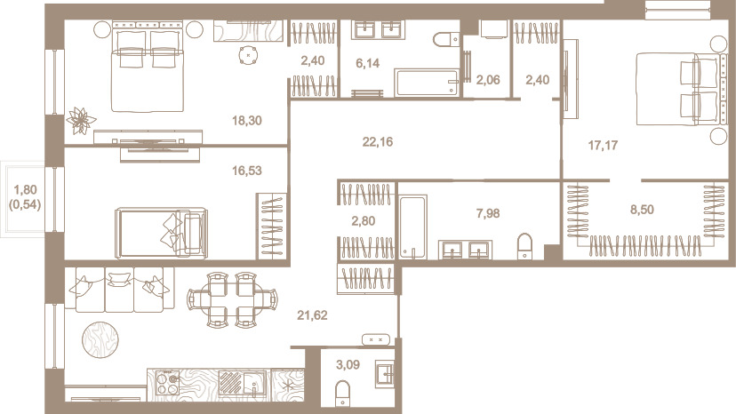 3-комнатная квартира  №213 в Северная корона Residence: 132.6 м², этаж 4 - купить в Санкт-Петербурге