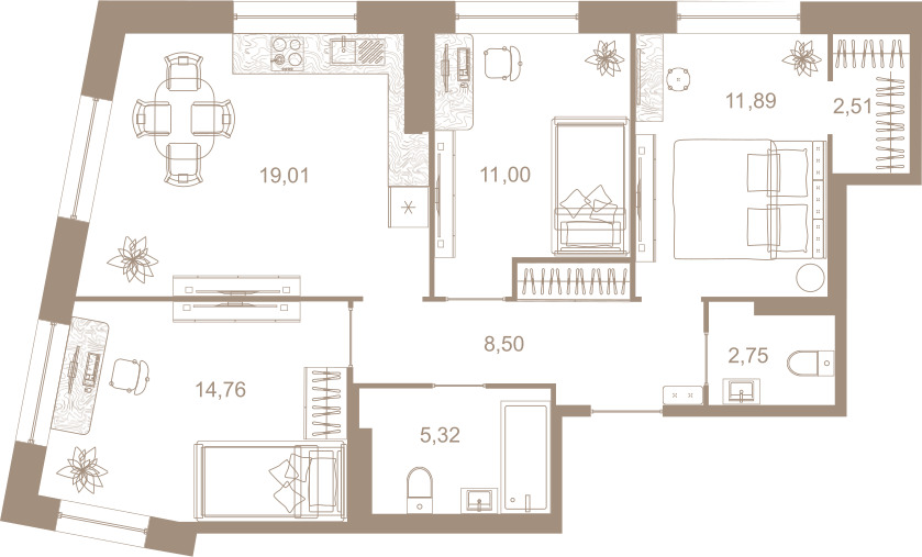 3-комнатная квартира  №355 в Северная корона Residence: 75.5 м², этаж 7 - купить в Санкт-Петербурге