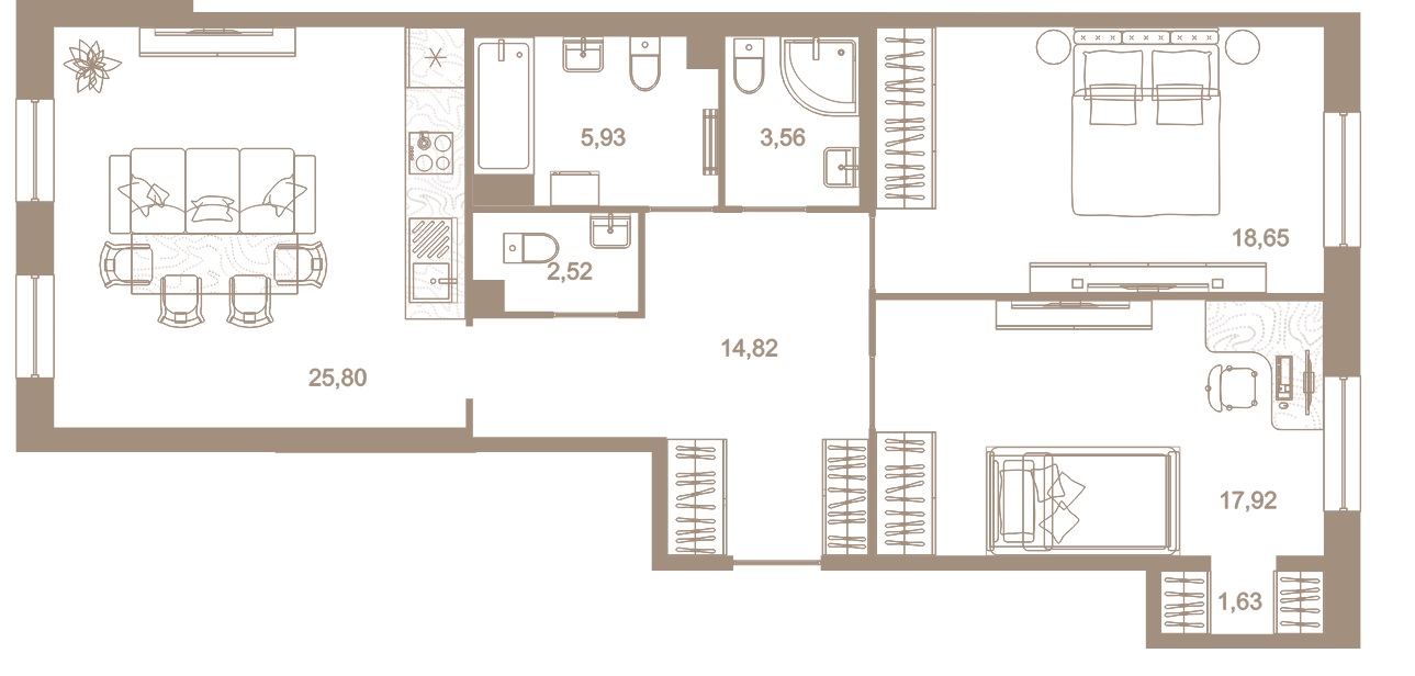 2-комнатная квартира  №109 в Северная корона Residence: 90.83 м², этаж 3 - купить в Санкт-Петербурге