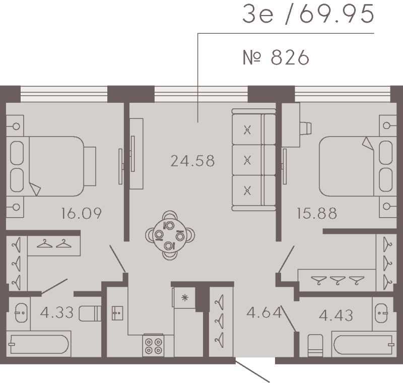 2-комнатная квартира  №826 в 17/33 Петровский остров: 68.05 м², этаж 5 - купить в Санкт-Петербурге