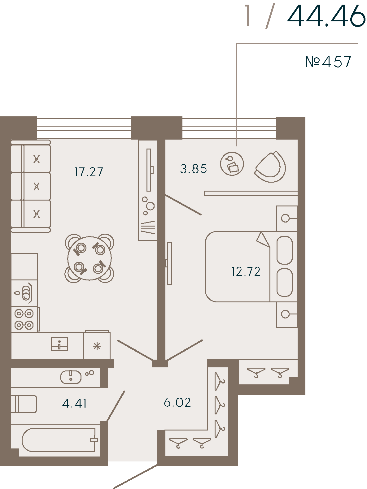 1-комнатная квартира  №457 в 17/33 Петровский остров: 45.34 м², этаж 2 - купить в Санкт-Петербурге