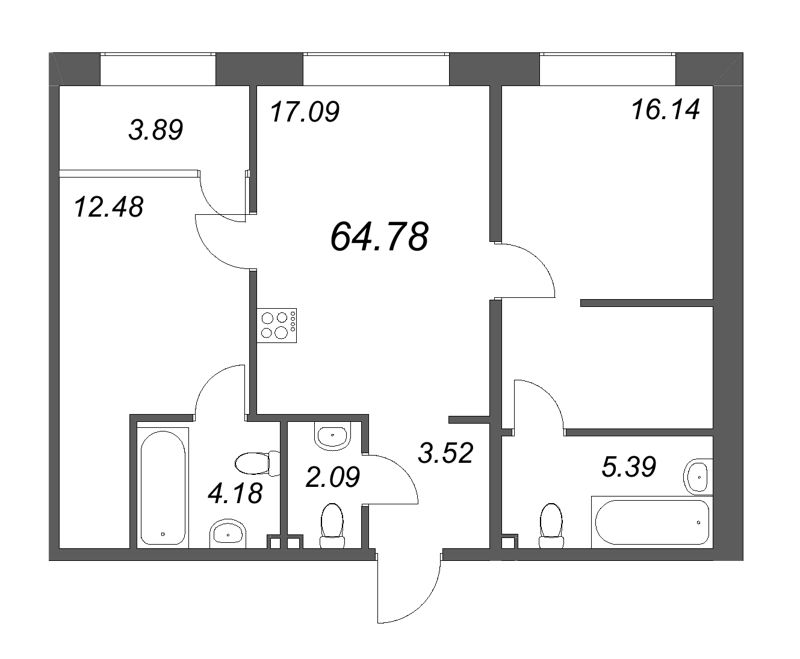 2-комнатная квартира  №713 в 17/33 Петровский остров: 66.49 м², этаж 3 - купить в Санкт-Петербурге