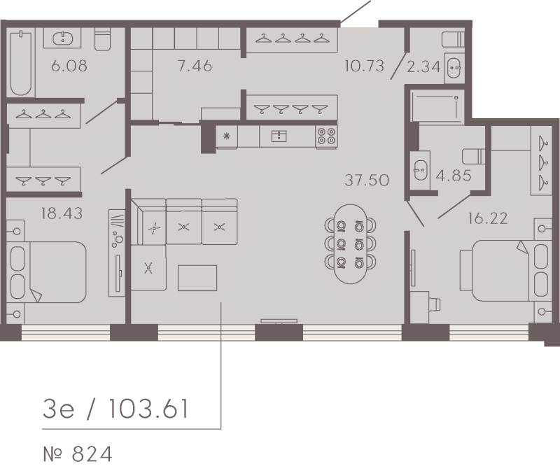 2-комнатная квартира  №824 в 17/33 Петровский остров: 105.25 м², этаж 5 - купить в Санкт-Петербурге