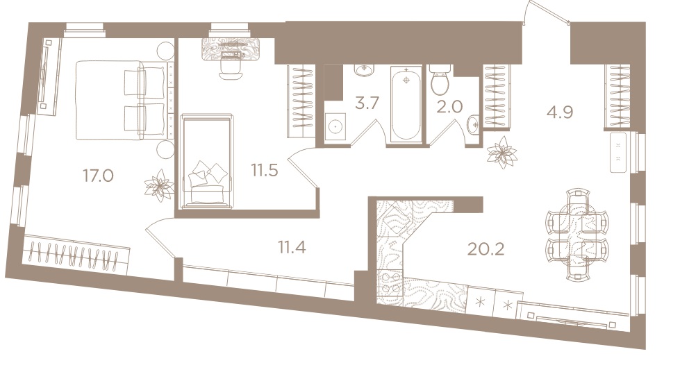 2-комнатная квартира  №14 в Северная корона Apartments: 70.7 м², этаж 3 - купить в Санкт-Петербурге
