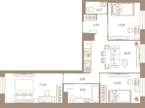 3-комнатная квартира  №326 в Северная корона Residence: 77 м², этаж 3 - купить в Санкт-Петербурге