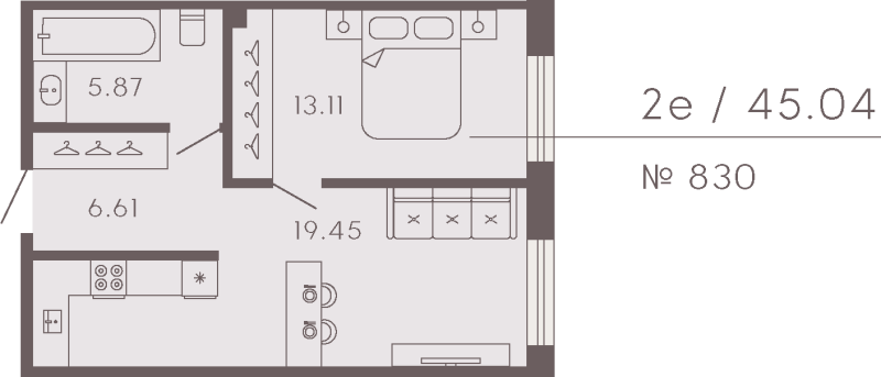 1-комнатная квартира  №830 в 17/33 Петровский остров: 46.07 м², этаж 5 - купить в Санкт-Петербурге