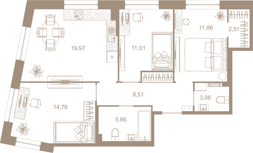 3-комнатная квартира  №325 в Северная корона Residence: 77.2 м², этаж 2 - купить в Санкт-Петербурге