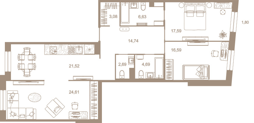 3-комнатная квартира  №254 в Северная корона Residence: 112.8 м², этаж 6 - купить в Санкт-Петербурге