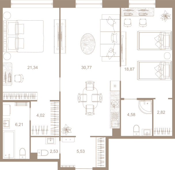 2-комнатная квартира №31 в: СЕВЕРНАЯ КОРОНА RESIDENCE: 96.9 м²; этаж: 2 - купить в Санкт-Петербурге