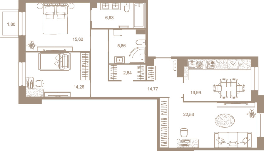 3-комнатная квартира  №218 в Северная корона Residence: 97.2 м², этаж 6 - купить в Санкт-Петербурге