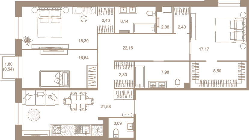 3-комнатная квартира  №219 в Северная корона Residence: 132.5 м², этаж 6 - купить в Санкт-Петербурге