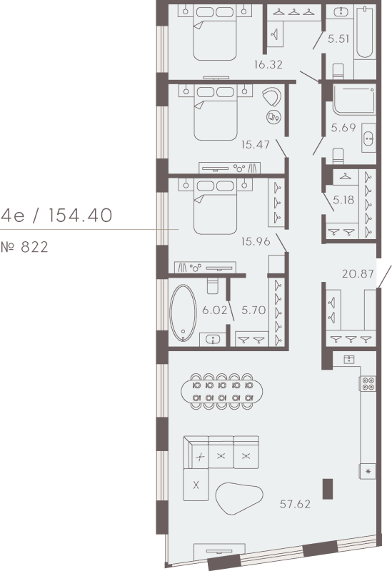 3-комнатная квартира  №822 в 17/33 Петровский остров: 165.57 м², этаж 5 - купить в Санкт-Петербурге