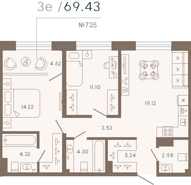 2-комнатная квартира  №735 в 17/33 Петровский остров: 69.43 м², этаж 5 - купить в Санкт-Петербурге