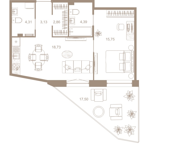 1-комнатная квартира  №322 в Северная корона Residence: 54.3 м², этаж 2 - купить в Санкт-Петербурге